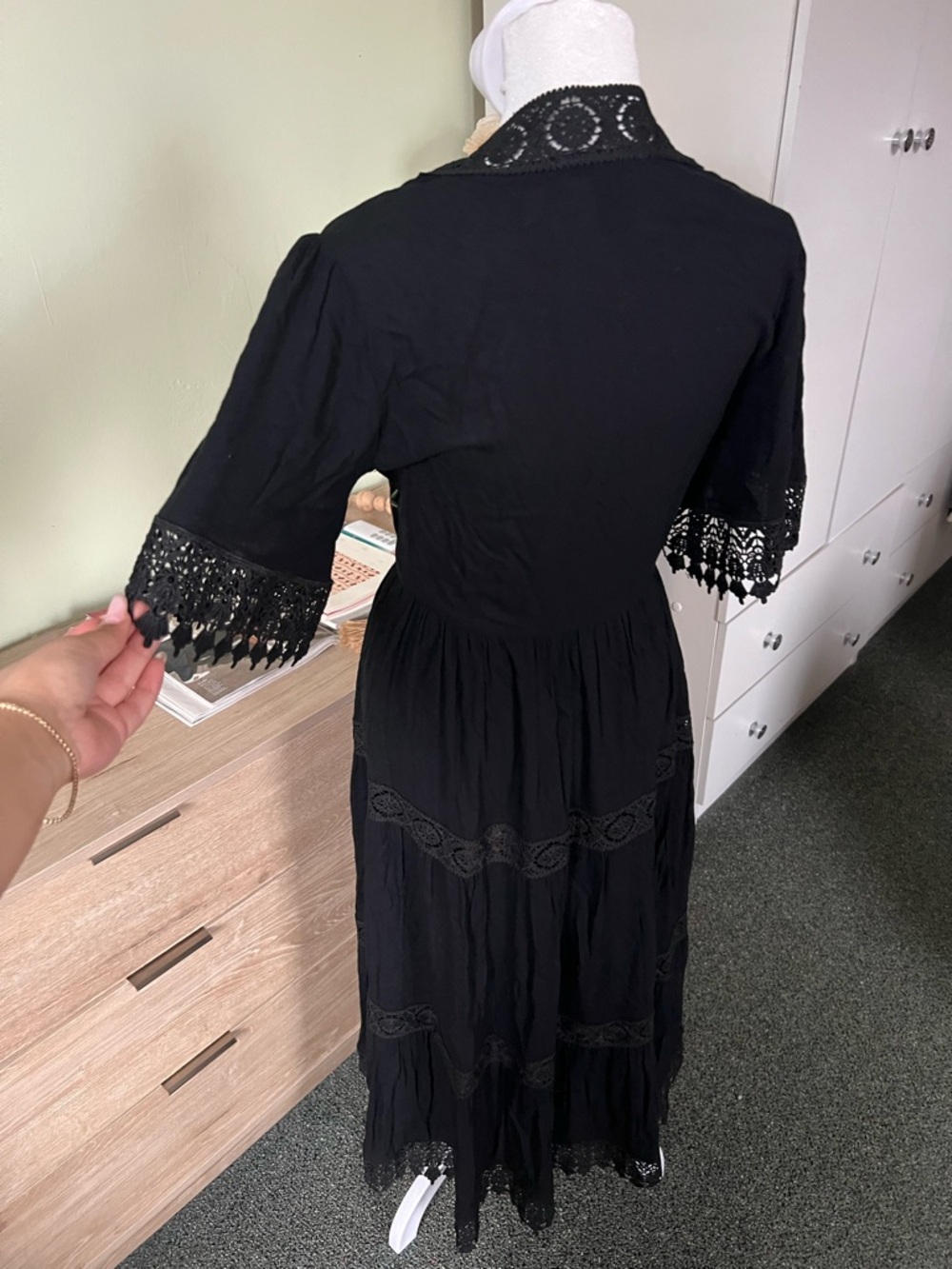 FOREVER21 Black Lace Trim Hem Flowy Embroidered Floral Corset Flowy Duster Dress - Picture 5 of 17